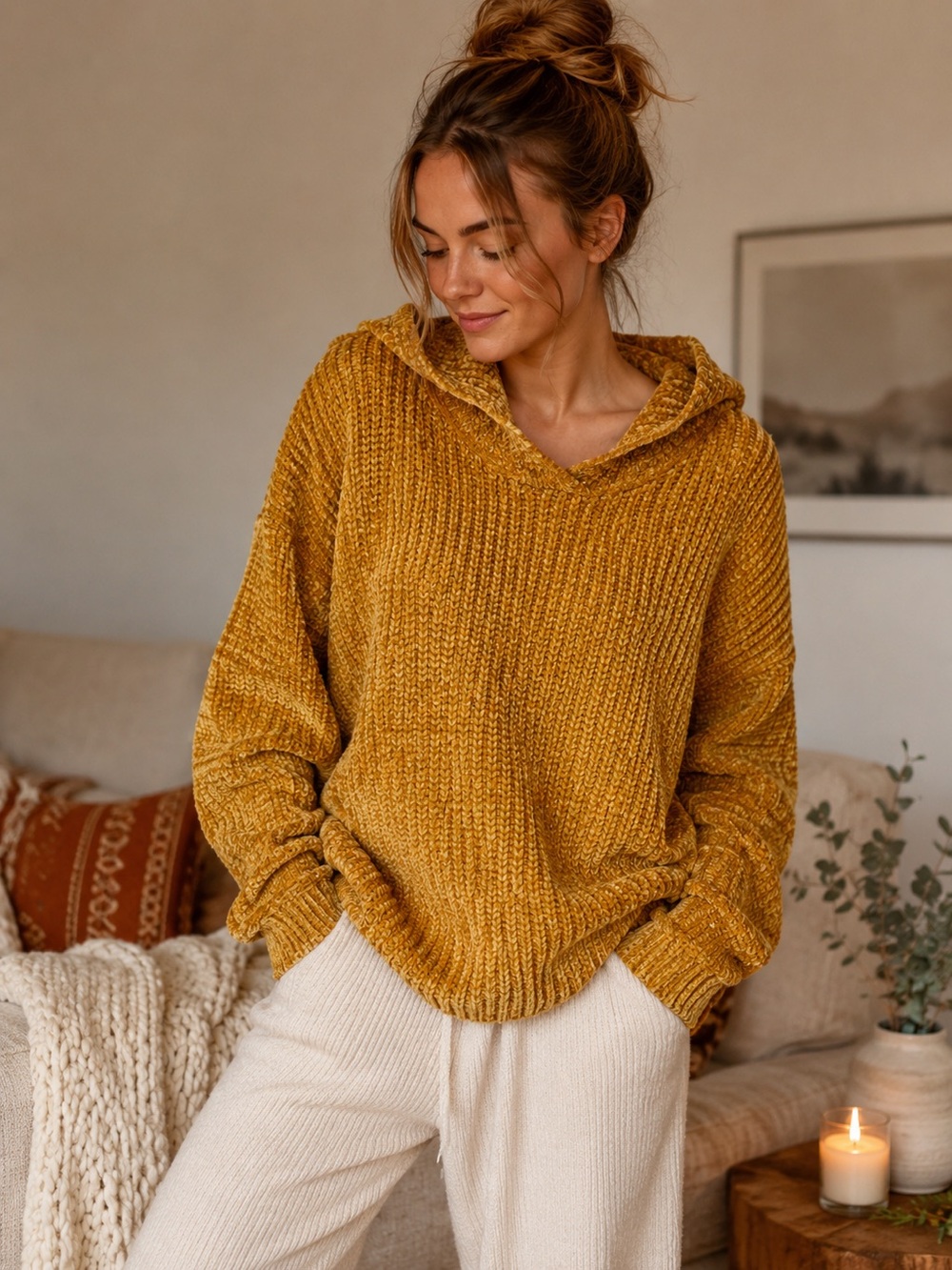 PLEIONE Chenille Super Soft Cozy‎ Knit Oversized Hoodie, Burnt Umber Small NEW